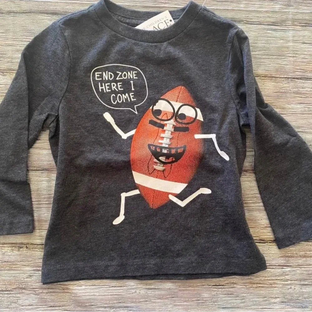 💞 New Baby & Toddler Boy Size 12-18 Months Long Sleeve Gray Football Tee